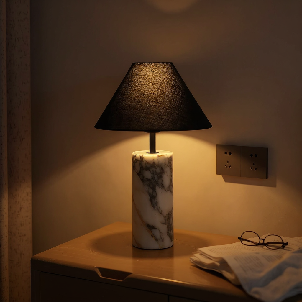 Moonlit Marble Table Lamp – LED Marble Base Fabric Shade Warm Ambient Glow Modern Living Rooms