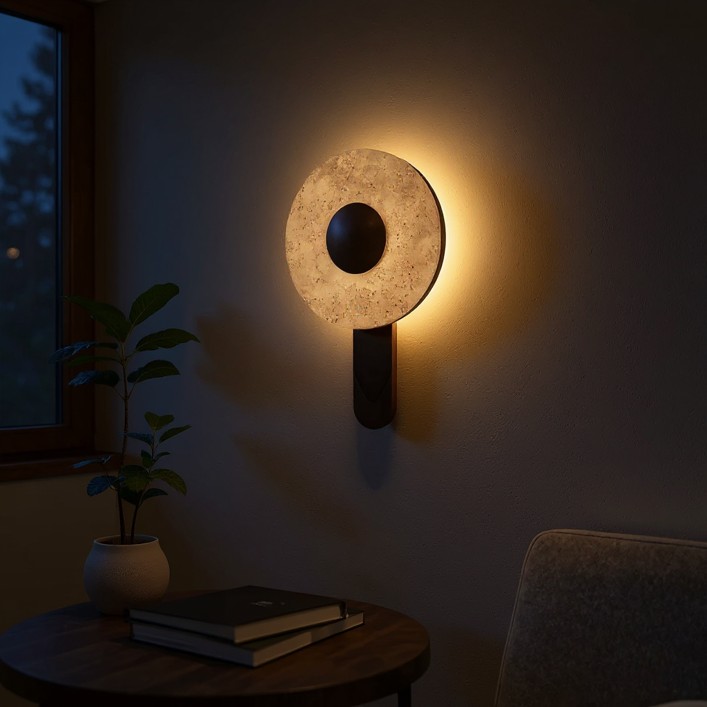Terra Dome Wall Lamp – Moonlit Travertine Dark Wood Wall Light