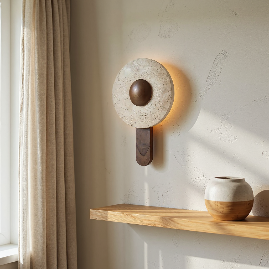 Terra Dome Wall Lamp – Moonlit Travertine Dark Wood Wall Light