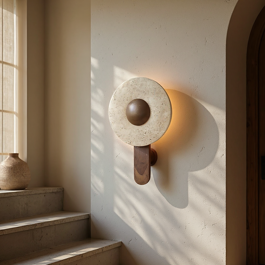 Terra Dome Wall Lamp – Moonlit Travertine Dark Wood Wall Light
