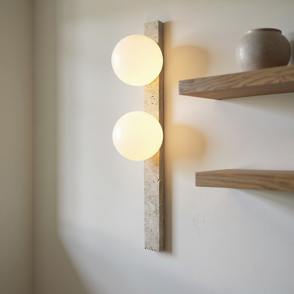 Travertine Sphere Wall Sconce - Vertical Travertine Stone Modern Wall Lighting