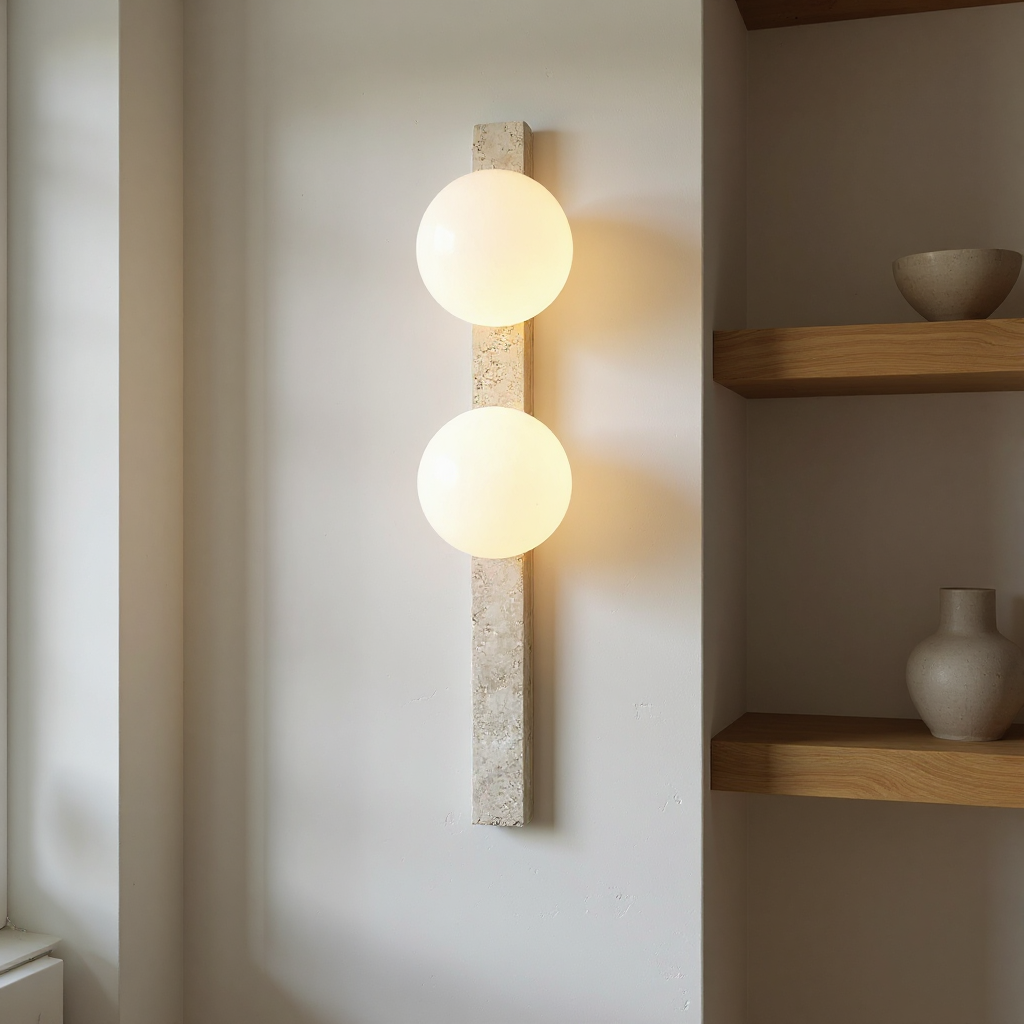Travertine Sphere Wall Sconce - Vertical Travertine Stone Modern Wall Lighting