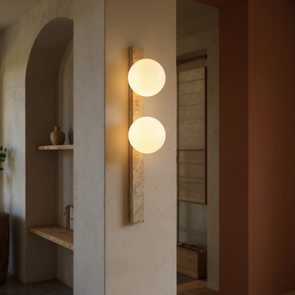 Travertine Sphere Wall Sconce - Vertical Travertine Stone Modern Wall Lighting