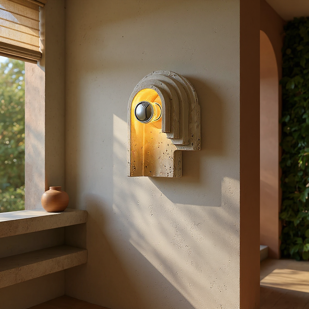 Stone Globe Wall Lamp – LED Indoor Wall Lighting Fixture Travertine Stone Finish