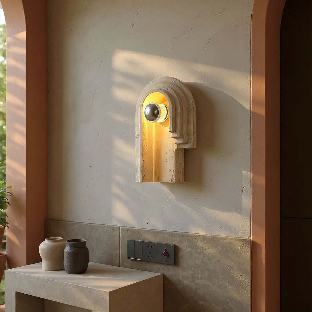 Stone Globe Wall Lamp – LED Indoor Wall Lighting Fixture Travertine Stone Finish