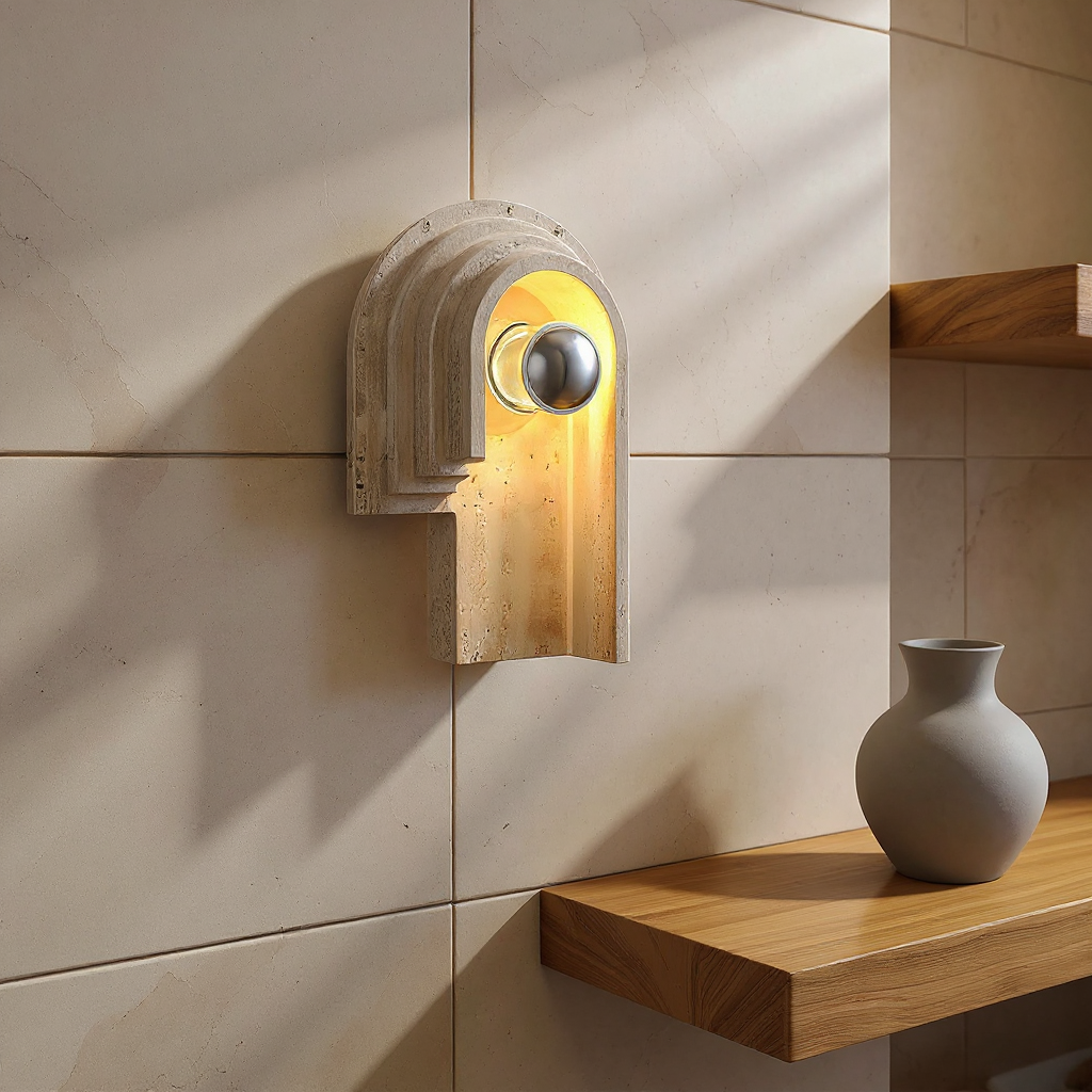 Stone Globe Wall Lamp – LED Indoor Wall Lighting Fixture Travertine Stone Finish
