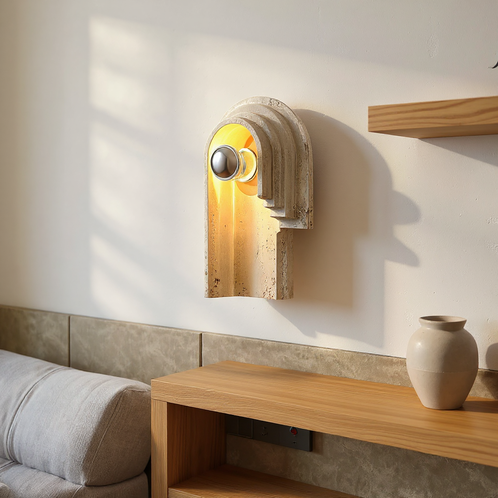 Stone Globe Wall Lamp – LED Indoor Wall Lighting Fixture Travertine Stone Finish