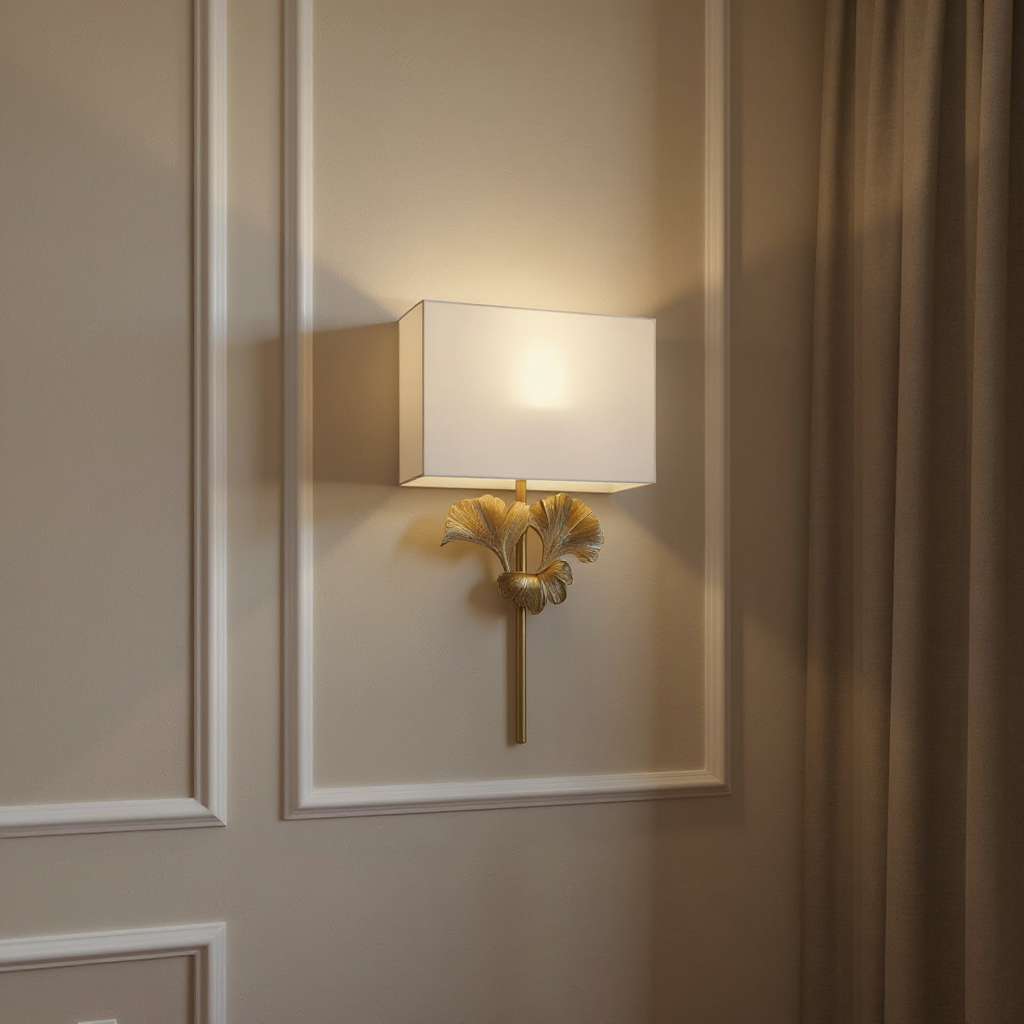 Meadow Globe Wall Sconce – Brass Leaf Body Square Fabric Shade Warm Ambient Lamp