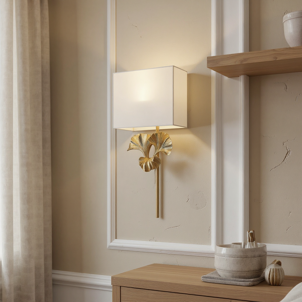Meadow Globe Wall Sconce – Brass Leaf Body Square Fabric Shade Warm Ambient Lamp