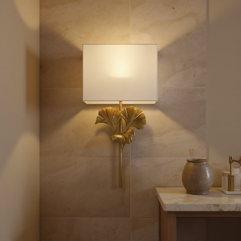 Meadow Globe Wall Sconce – Brass Leaf Body Square Fabric Shade Warm Ambient Lamp