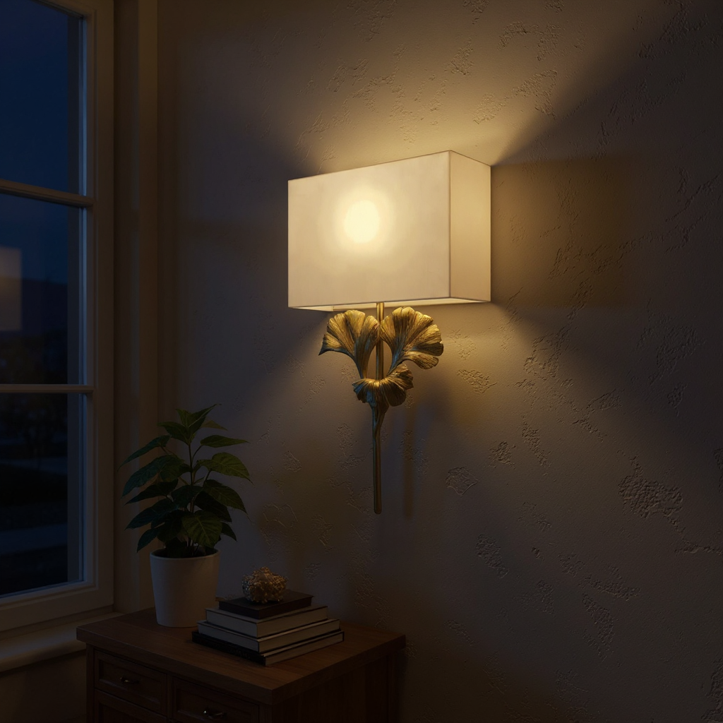 Meadow Globe Wall Sconce – Brass Leaf Body Square Fabric Shade Warm Ambient Lamp