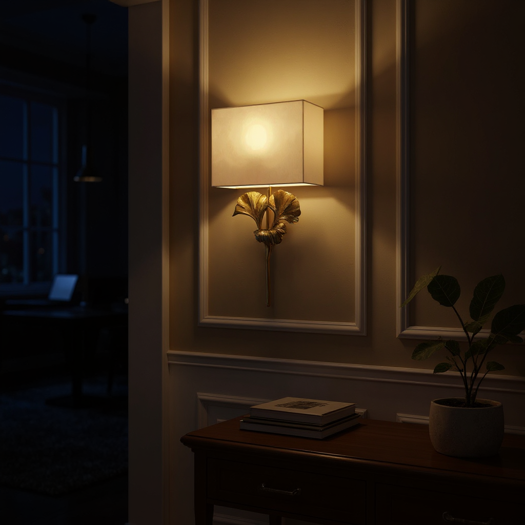 Meadow Globe Wall Sconce – Brass Leaf Body Square Fabric Shade Warm Ambient Lamp