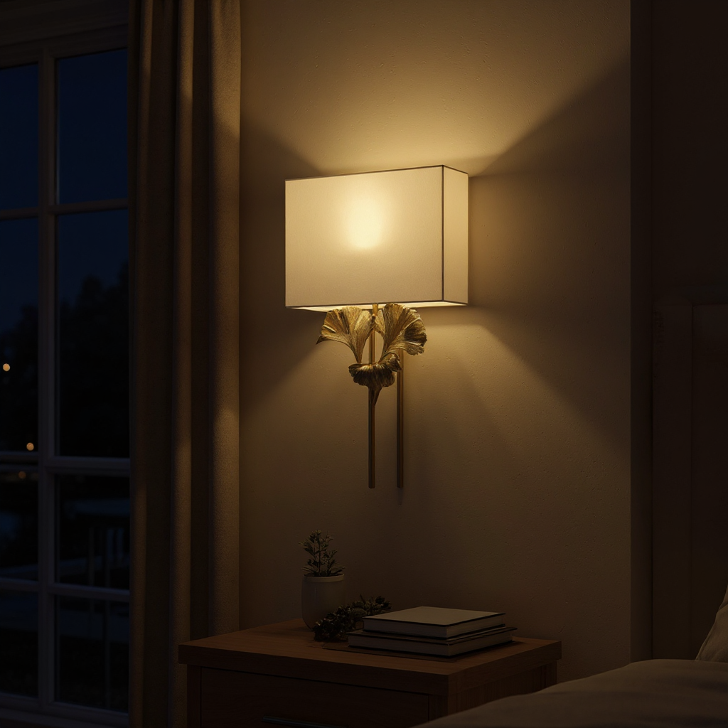 Meadow Globe Wall Sconce – Brass Leaf Body Square Fabric Shade Warm Ambient Lamp
