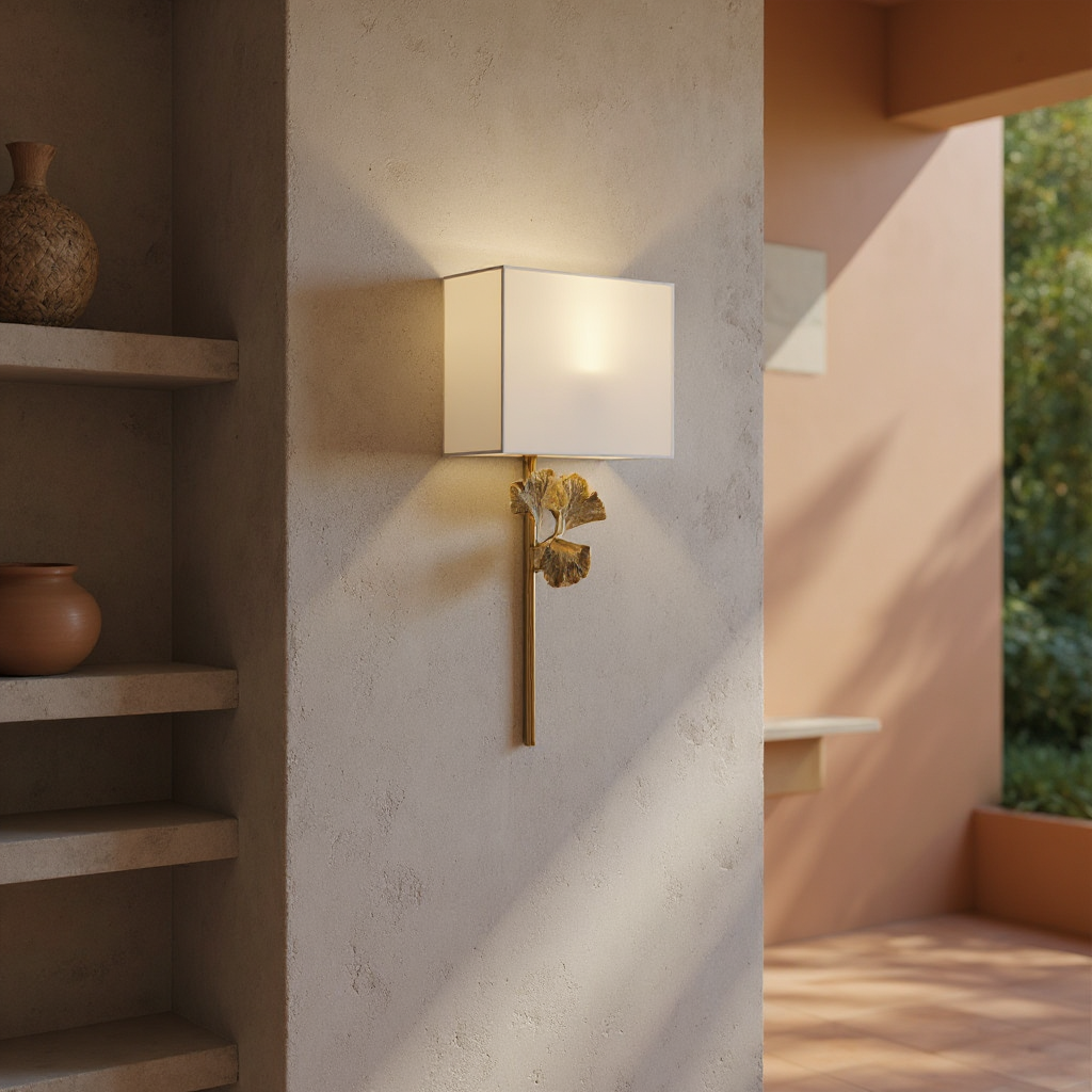 Meadow Globe Wall Sconce – Brass Leaf Body Square Fabric Shade Warm Ambient Lamp