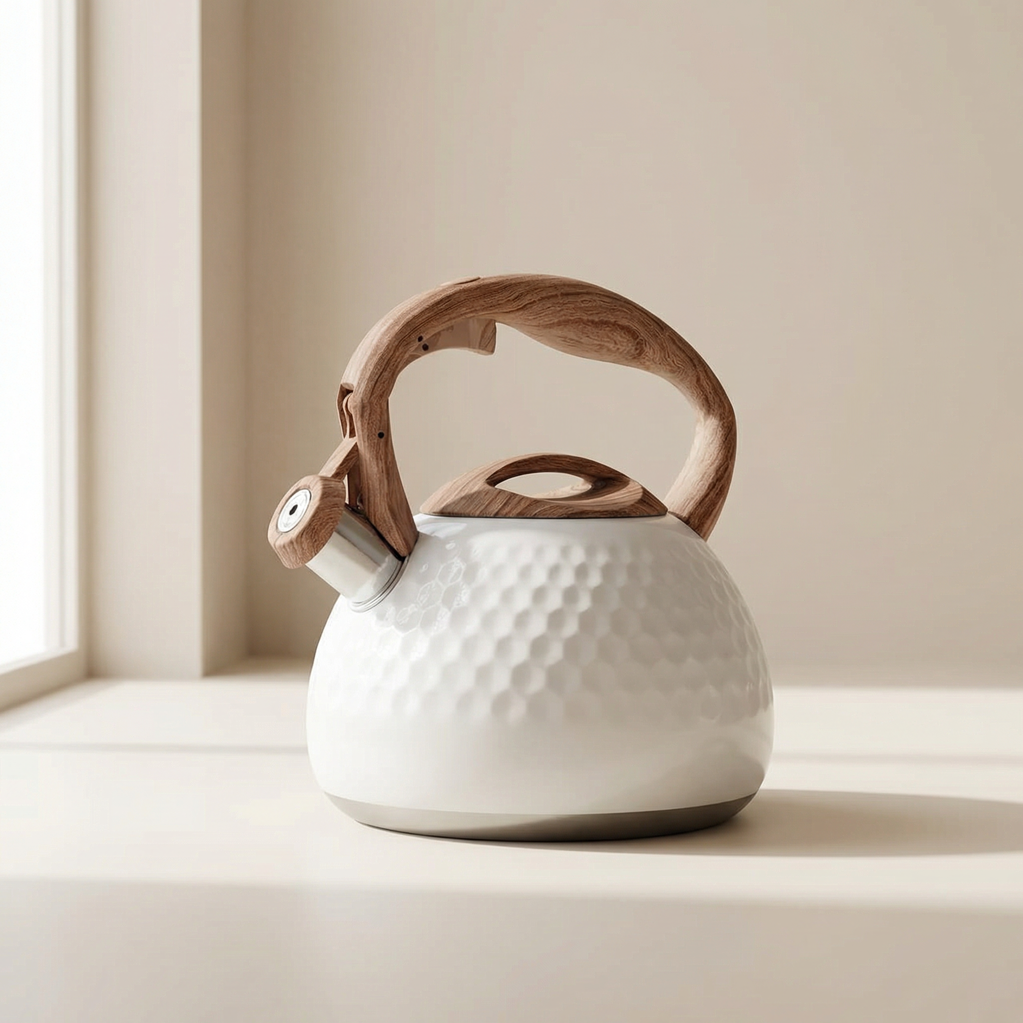 Honeycomb Tea Kettle – Stainless Steel Stovetop Whistling Teapot Wood Handle White Modern Kitchen