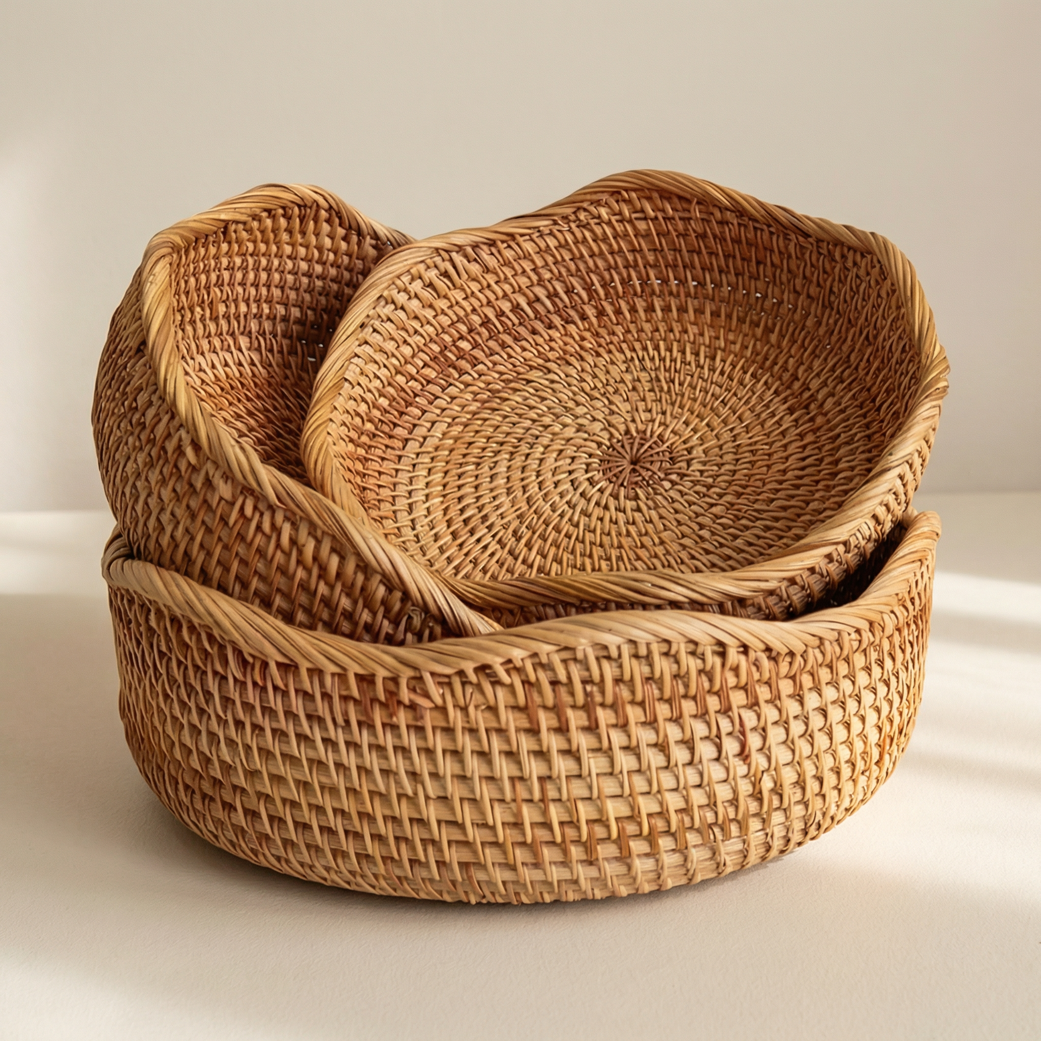 Rattan Woven Storage Basket Set – Handwoven Round Wicker Organizer Kitchen Living Room Decorative