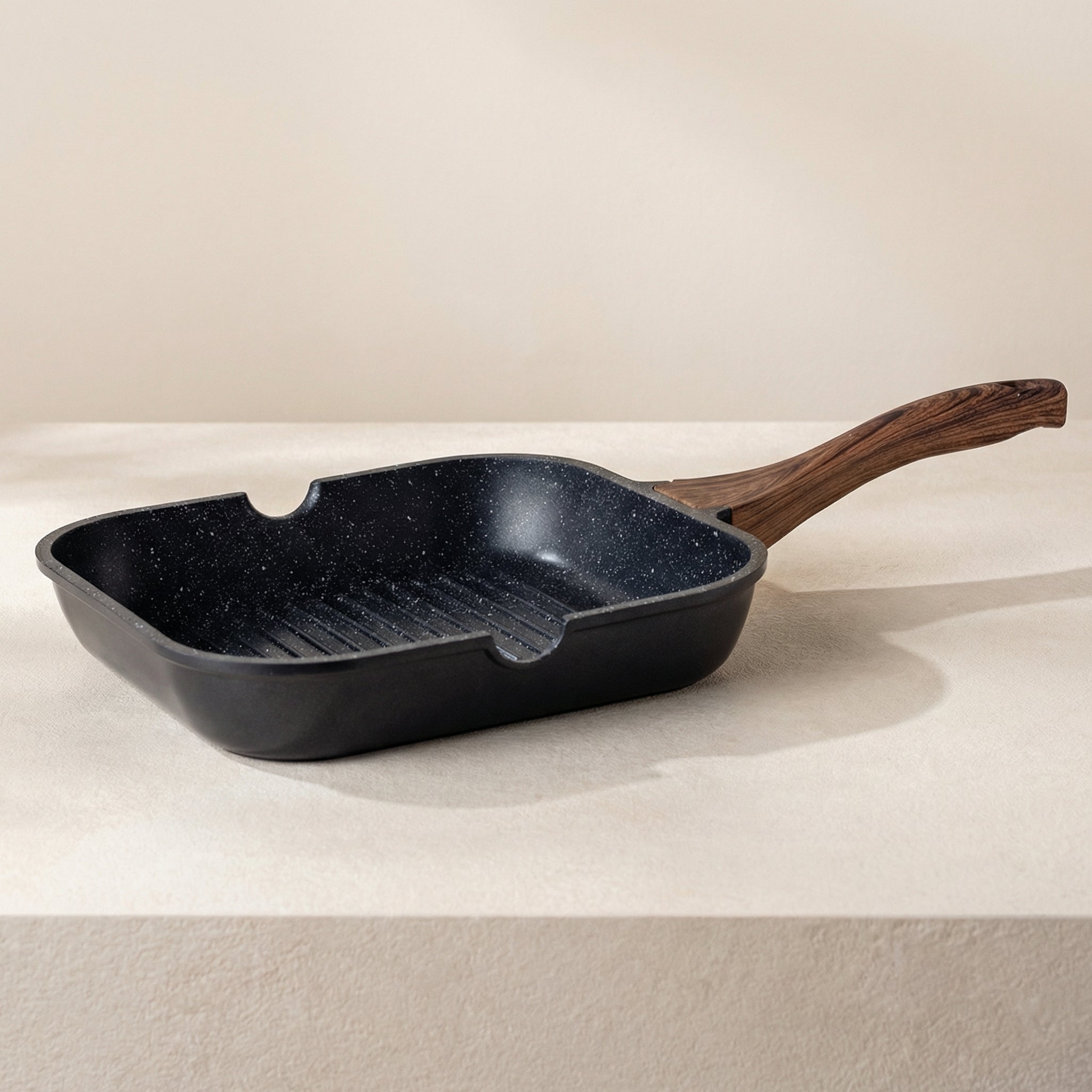 Gravina Square Grill Pan – Nonstick Granite Stone Ridged Induction Frying Pan Wood Handle Kitchen