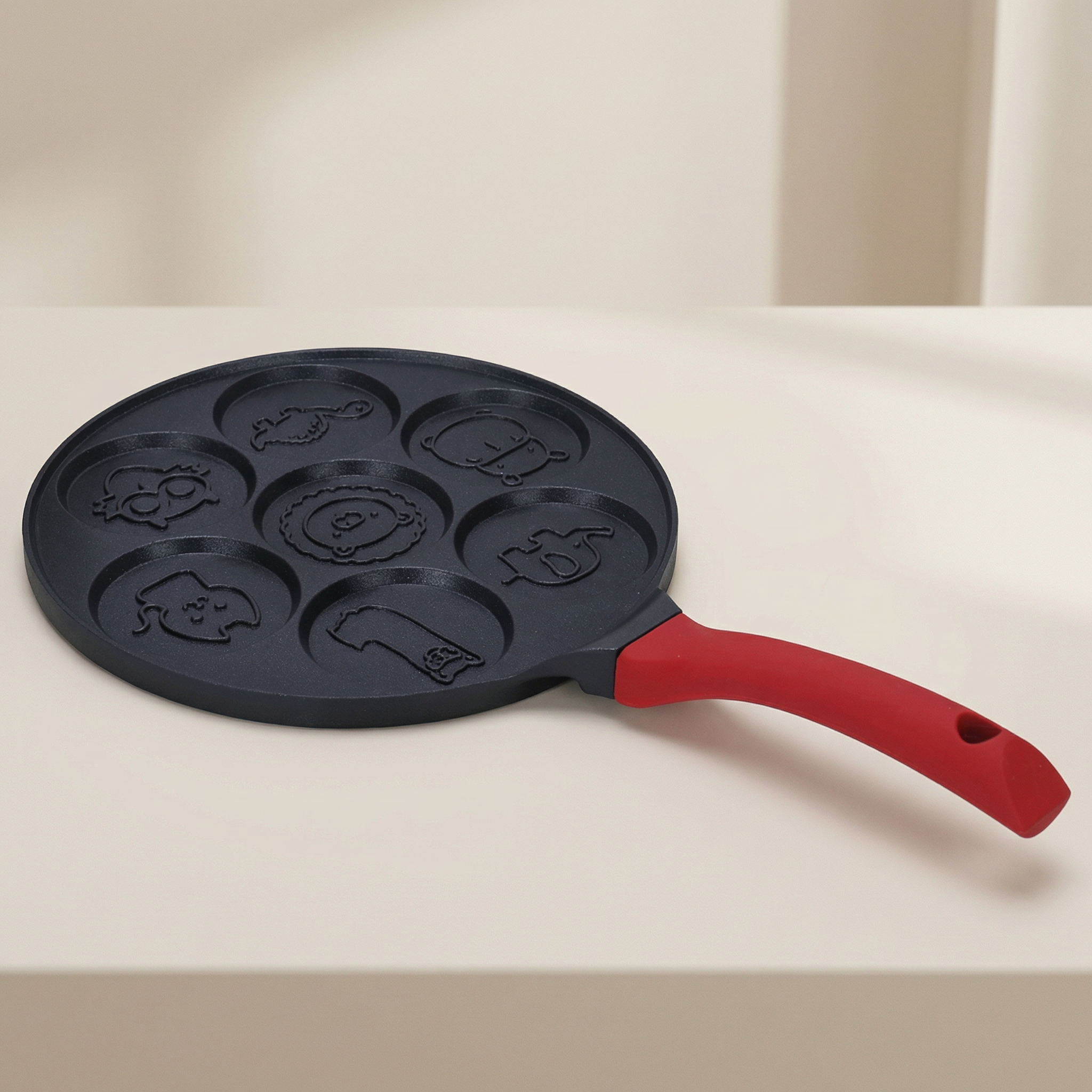 Faunlet Animal Pancake Pan – Nonstick 7 Mold Kids Breakfast Griddle Red Handle Kitchen Cookware