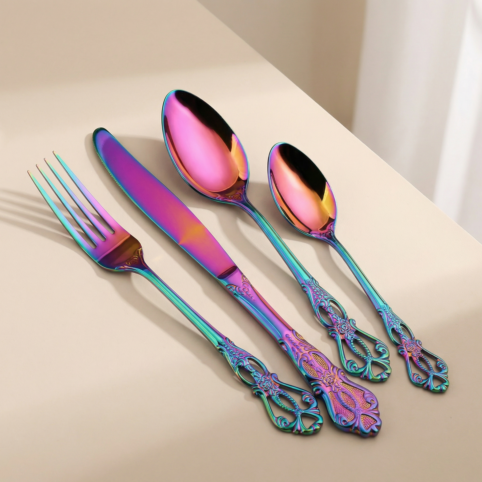 Prismara Flatware Set – Rainbow Iridescent Stainless Steel Cutlery Ornate Vintage Design Dishwasher Safe