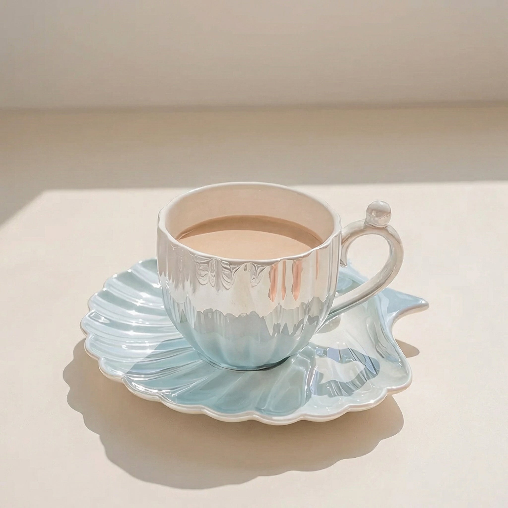 Marelia Shell Tea Cup Saucer Set – Ceramic Iridescent Coastal Kitchen Decor Tableware Coffee Mug