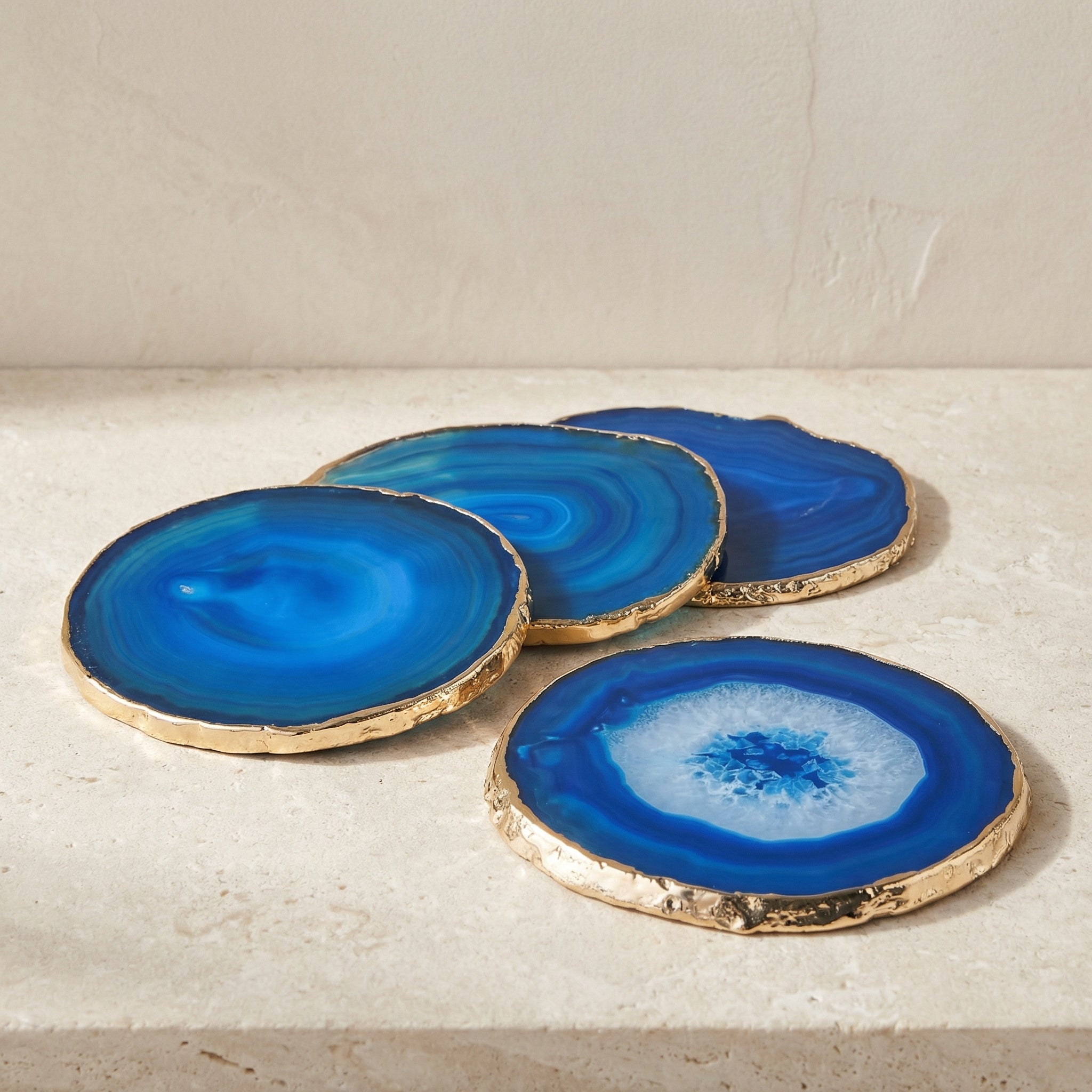 Azurina Agate Coaster Set – Natural Blue Stone Drink Coasters Gold Edge Luxury Table Decor