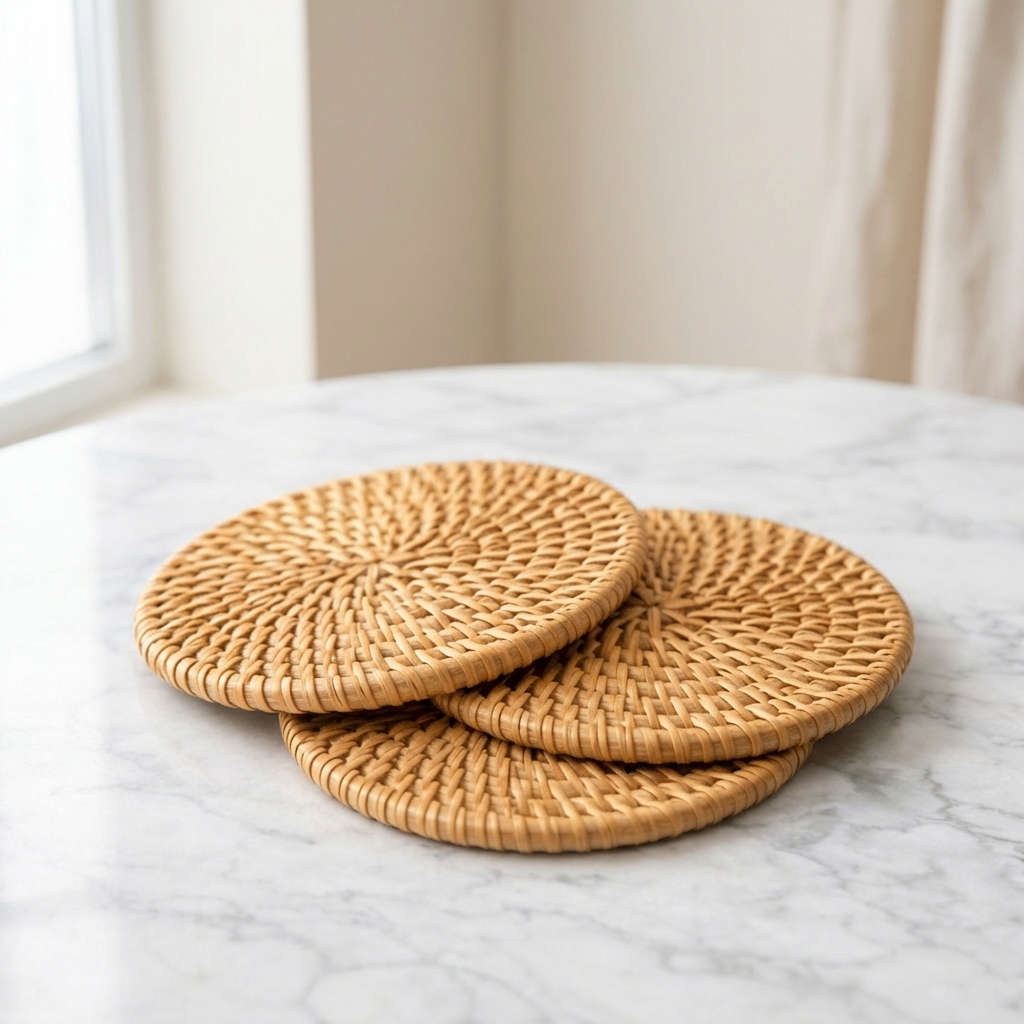 Spiralen Woven Coaster Set – Natural Rattan Round Drink Coasters Coffee Table Decor Kitchen Dining Room