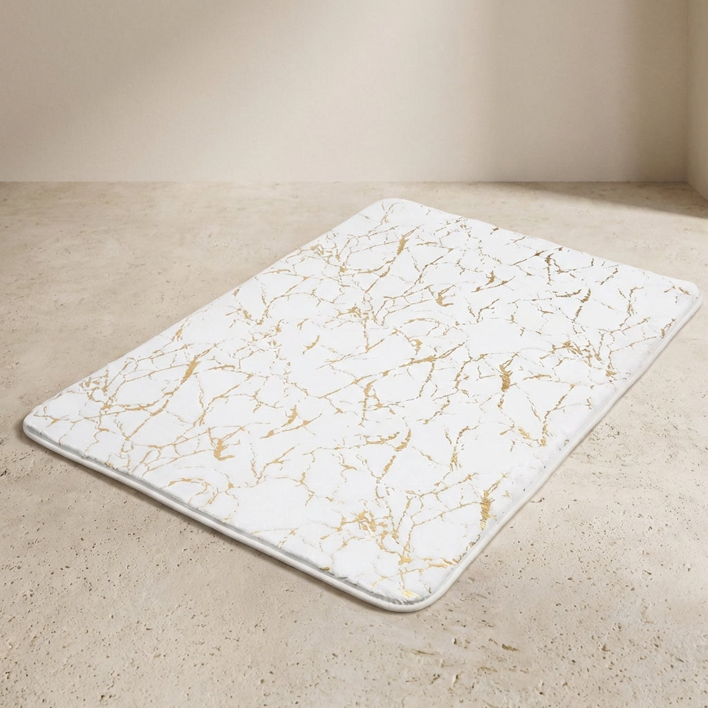 Veinara Marble Bath Mat – White Gold Crackle Pattern Non-Slip Bathroom Rug Soft Absorbent Memory Foam