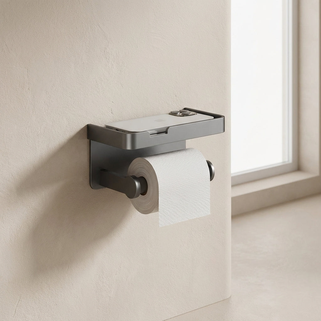 Vektra Ledge Toilet Paper Holder – Wall Mounted Bathroom Tissue Holder Storage Shelf Matte Black