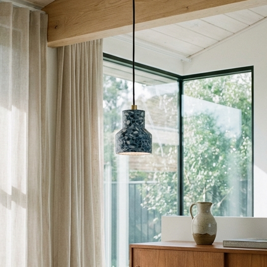 Terrazzo Pendant Light with Brass Accent – Modern Concrete Hanging Fixture for Kitchen Island Dining Room