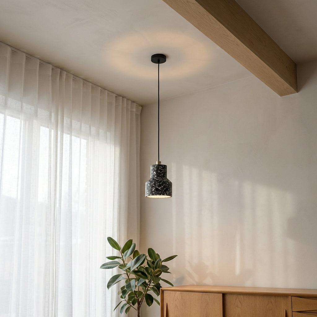 Terrazzo Pendant Light with Brass Accent – Modern Concrete Hanging Fixture for Kitchen Island Dining Room
