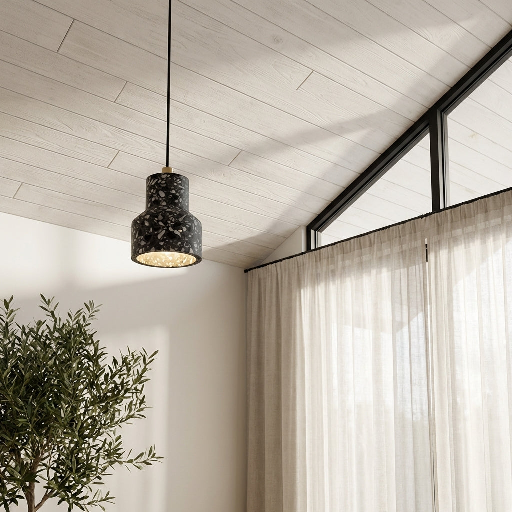 Terrazzo Pendant Light with Brass Accent – Modern Concrete Hanging Fixture for Kitchen Island Dining Room