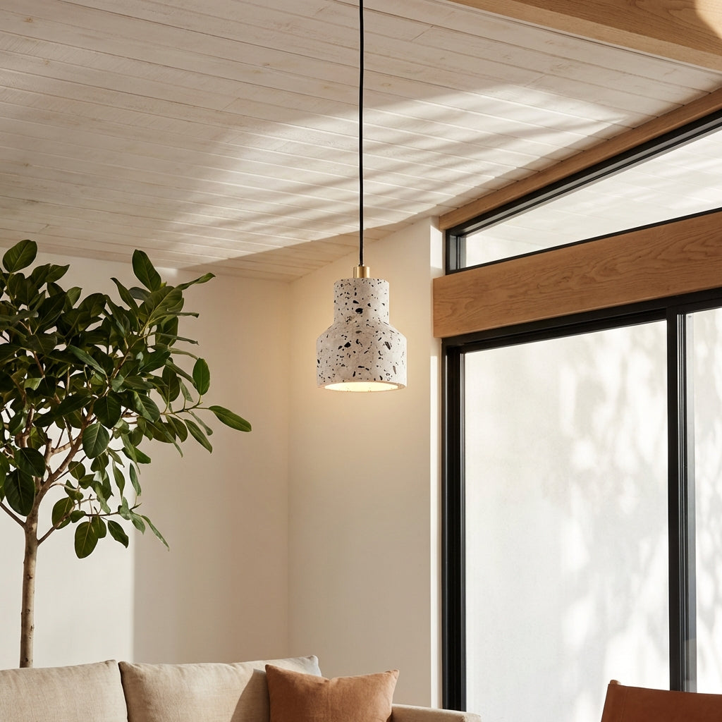 Terrazzo Pendant Light with Brass Accent – Modern Concrete Hanging Fixture for Kitchen Island Dining Room