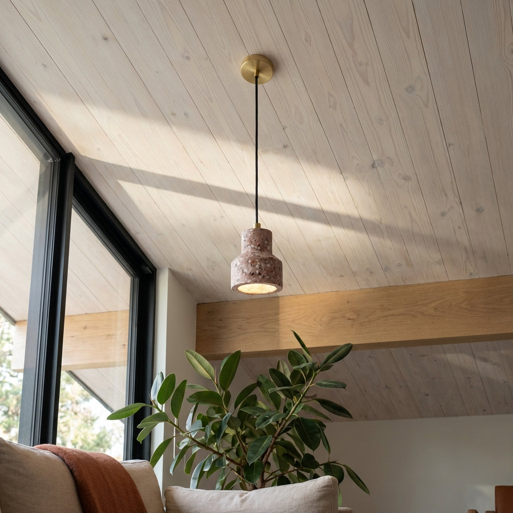 Terrazzo Pendant Light with Brass Accent – Modern Concrete Hanging Fixture for Kitchen Island Dining Room
