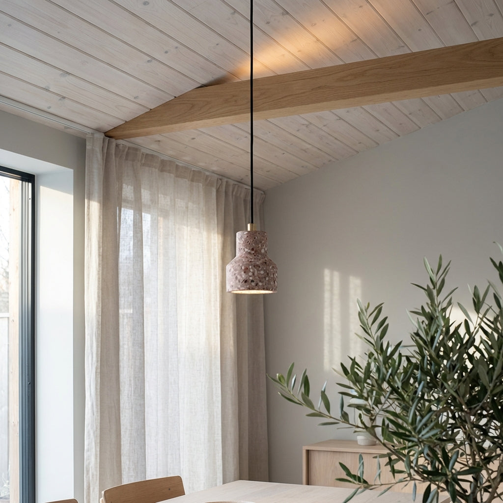 Terrazzo Pendant Light with Brass Accent – Modern Concrete Hanging Fixture for Kitchen Island Dining Room