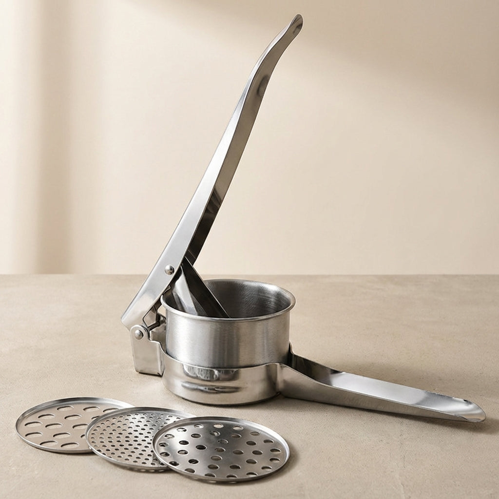 Pressaro Manual Potato Ricer – Stainless Steel Kitchen Masher 3 Interchangeable Discs Food Press