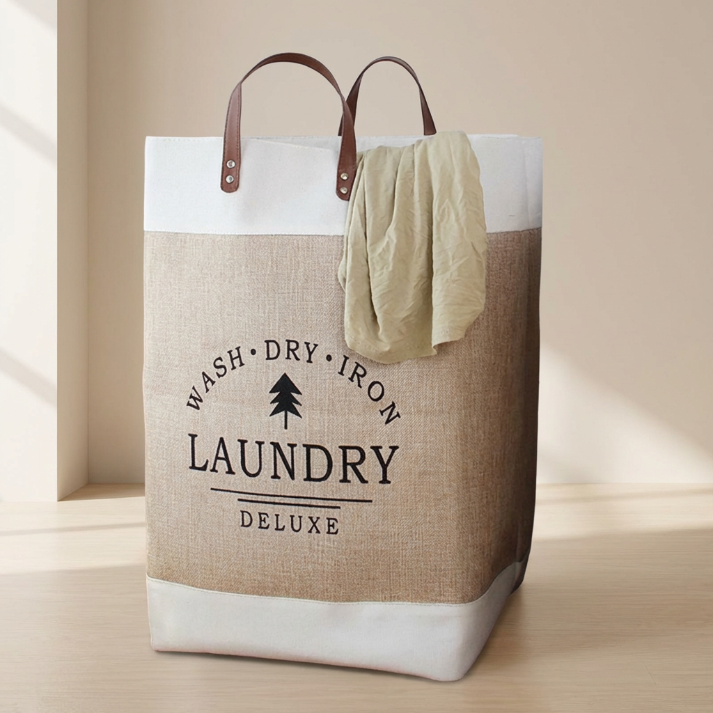 Breckton Laundry Hamper – Large Fabric Storage Basket Leather Handles Bedroom Bathroom Organizer