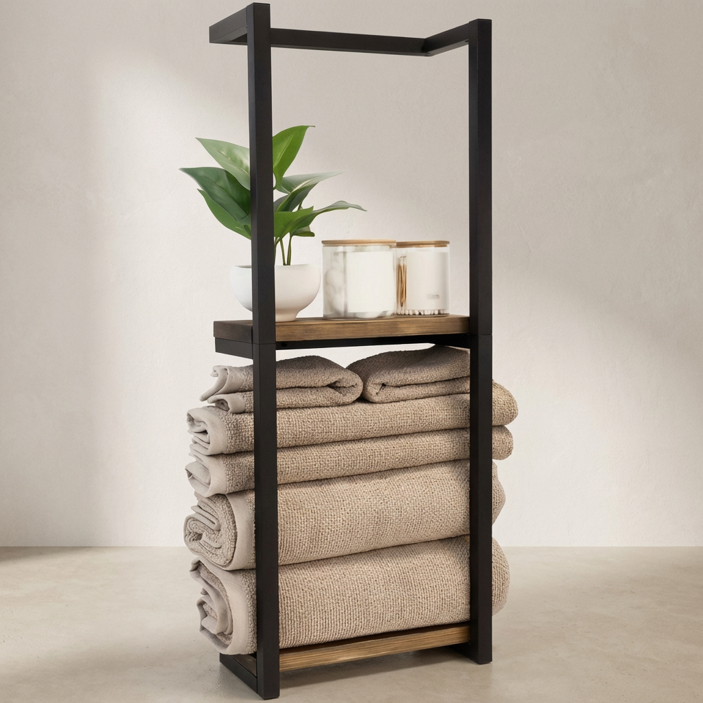 Corsica Frame Towel Rack – Freestanding Bathroom Storage Shelf Black Metal Wood Organizer