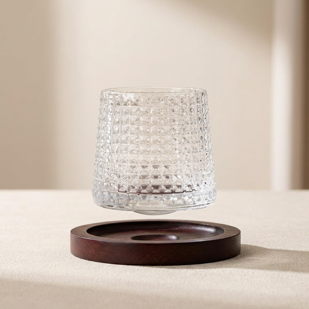 Hexora Rotating Whiskey Glass – Crystal Textured Tumbler Wooden Base Spinning Drinkware Barware