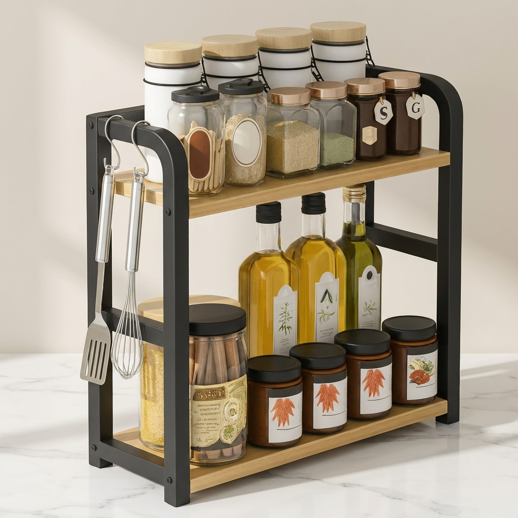 Stratum Spice Rack – Kitchen Counter Organizer 2 Tier Wood Black Metal Shelf Storage