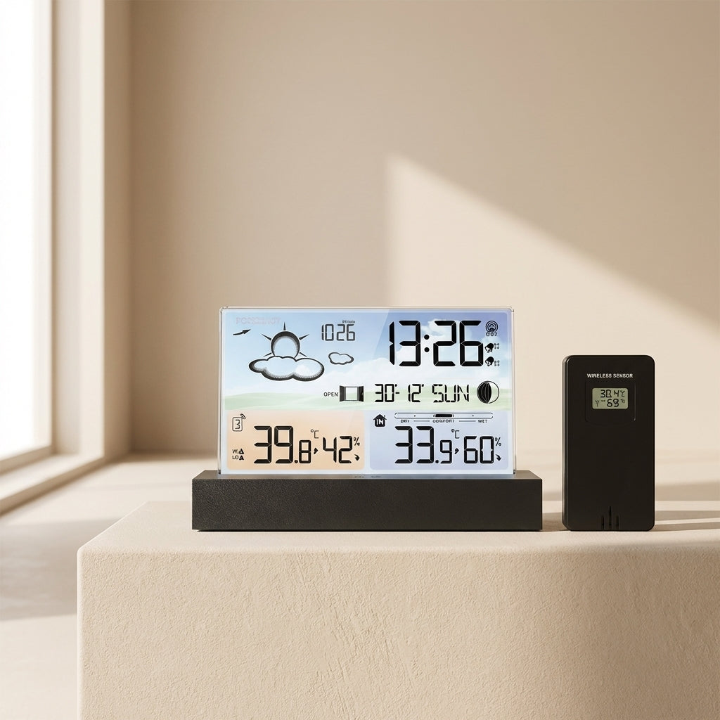 Skycast Weather Station Clock – Digital Temperature Humidity Display Wireless Outdoor Sensor Desktop