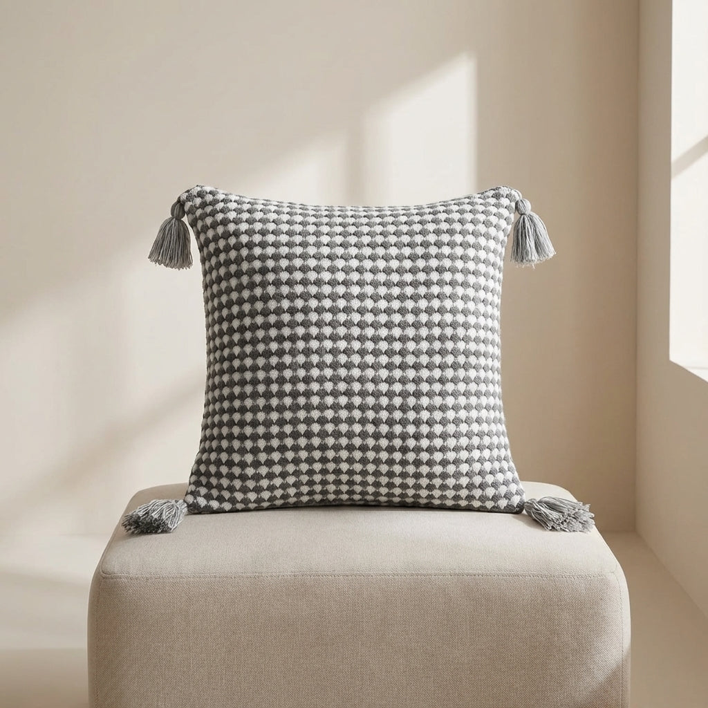 Tessera Tassel Throw Pillow Cover – Black White Herringbone Knit Cushion 18x18 Decorative Living Room Bedroom Boho