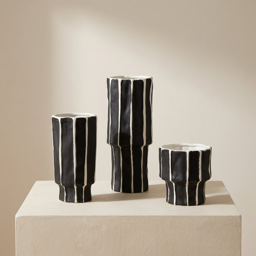 Straton Ceramic Vase Set – Black White Striped Decorative Porcelain Flower Vases Living Room Table