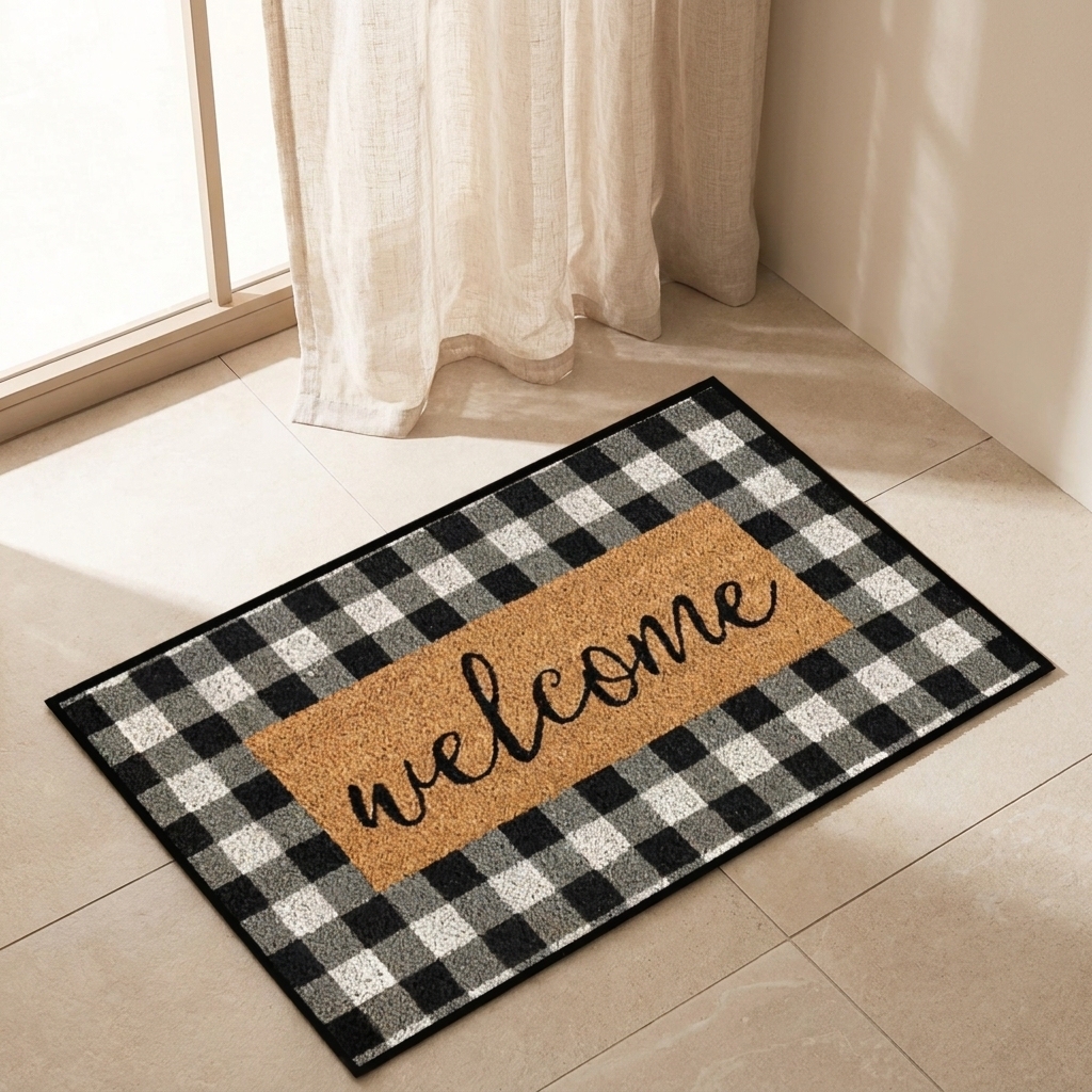 Gingham Welcome Door Mat – Buffalo Plaid Black White Checkered Entryway Rug Farmhouse Indoor Outdoor