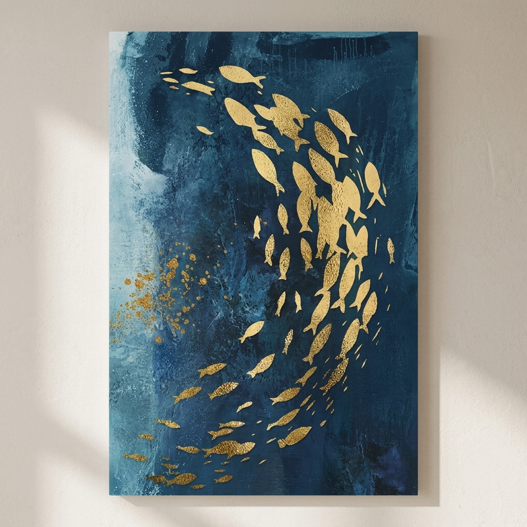 Marisol School Canvas Wall Art – Ocean Fish Abstract Blue Gold Coastal Decorative Wall Hanging Living Room