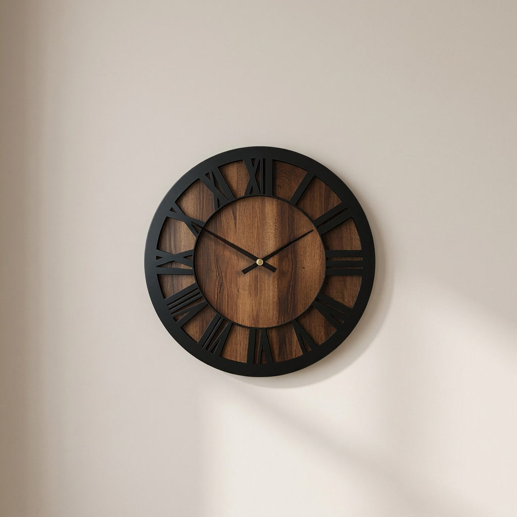 Tivoro Roman Wall Clock – Round Wood Metal Rustic Farmhouse Living Room Bedroom Silent Decorative