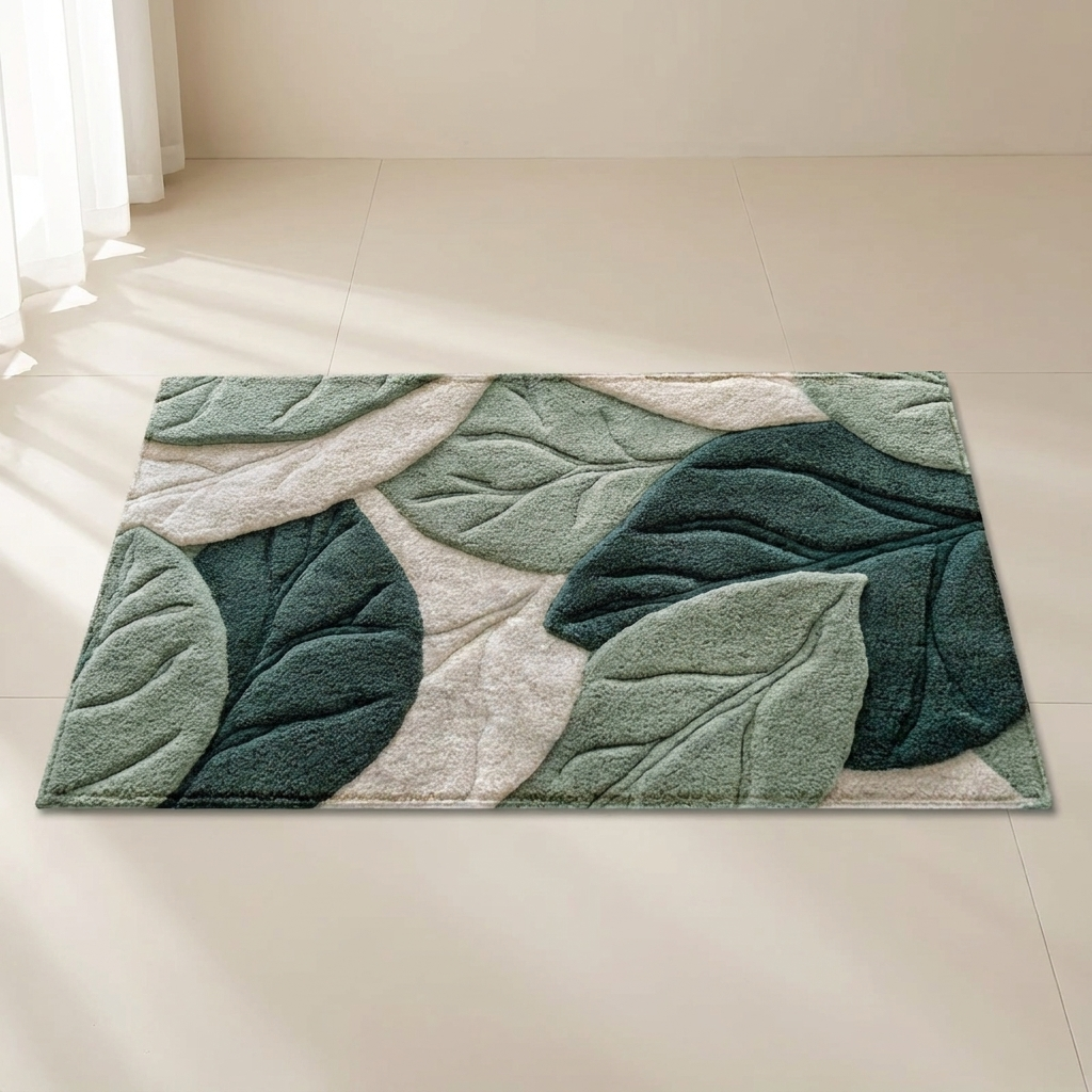 Foliara Leaf Bath Mat – Botanical Green Cream Microfiber Non-Slip Washable Bathroom Rug Decor