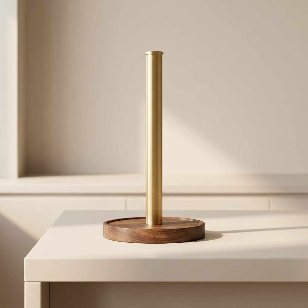Valdrin Paper Towel Holder – Standing Kitchen Countertop Organizer Walnut Wood Gold Brass Modern