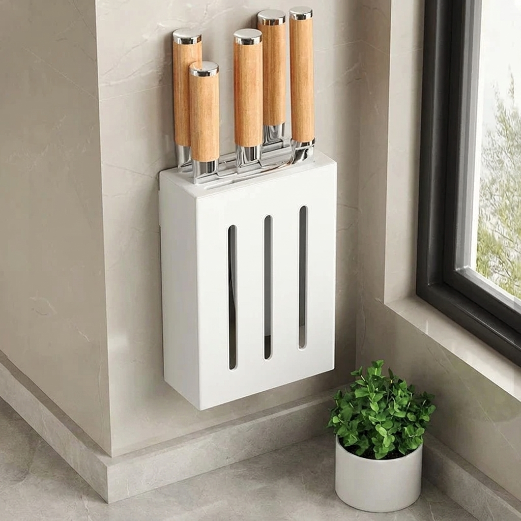 Vertix Knife Block Organizer – Wall Mounted Kitchen Knife Holder Storage Rack Adhesive Stainless Steel