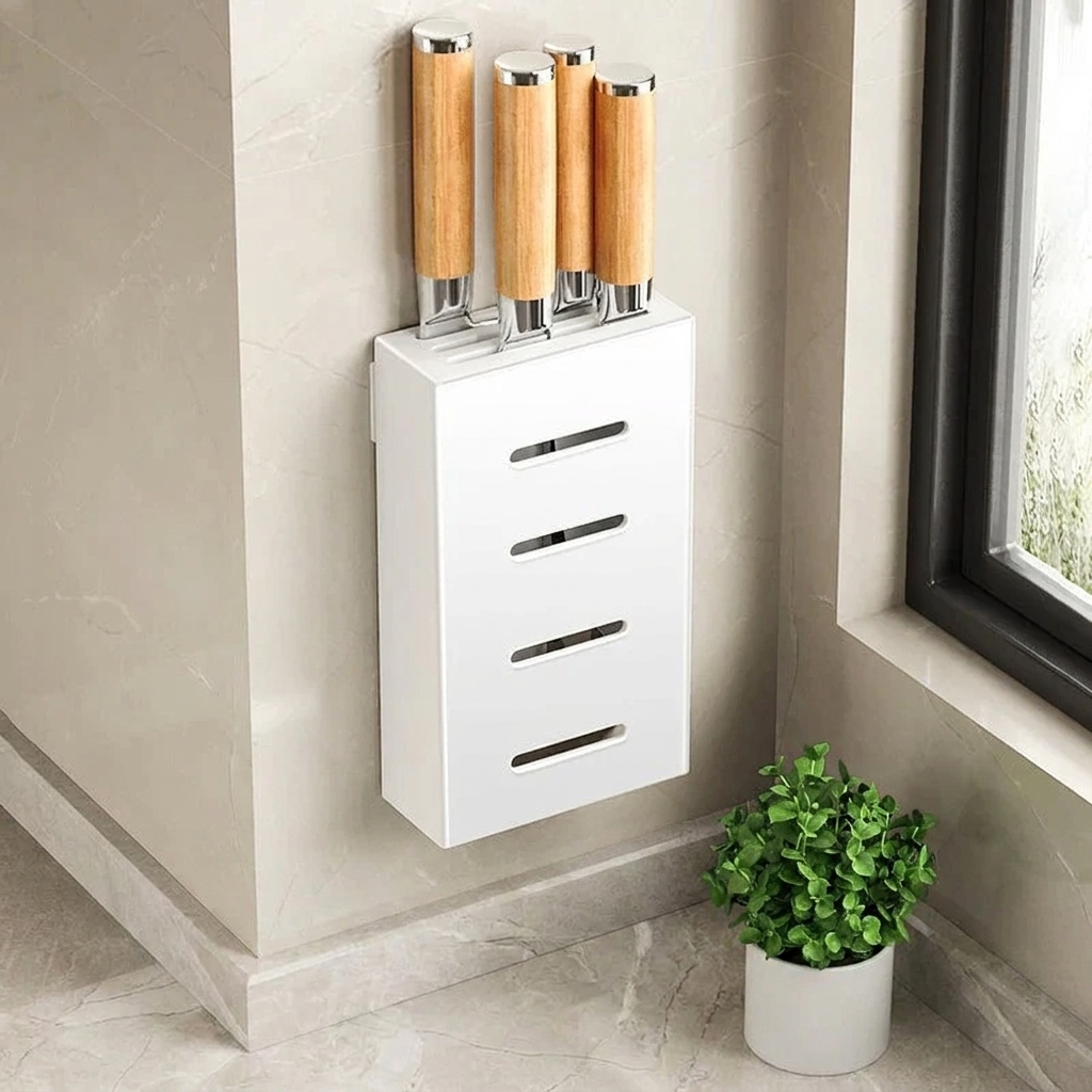 Vertix Knife Block Organizer – Wall Mounted Kitchen Knife Holder Storage Rack Adhesive Stainless Steel