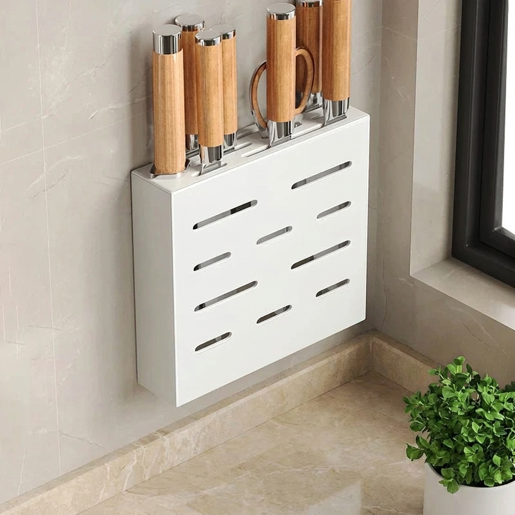 Vertix Knife Block Organizer – Wall Mounted Kitchen Knife Holder Storage Rack Adhesive Stainless Steel